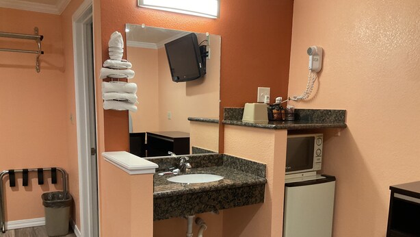 A compact bathroom with a sink, mirror, towel rack, and a hairdryer on the wall. - Budget Motel (Mountain View)