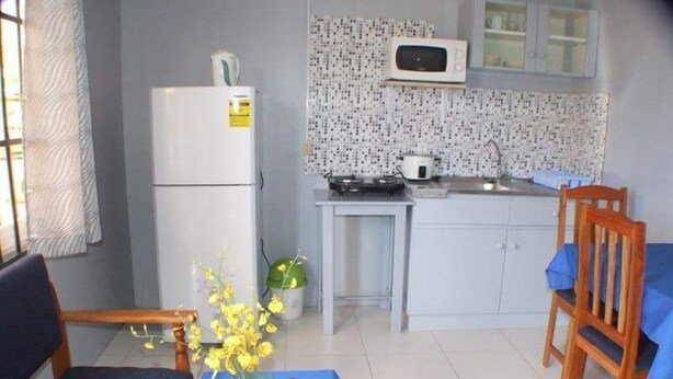 A compact kitchen with a refrigerator, microwave, and stove. There is a dining table with a vase of flowers and a chair. - Ximple Appartementen (Paramaribo)