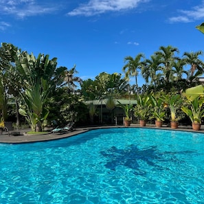 A swimming pool with clear blue water, surrounded by lush tropical plants and palm trees. - Oasis Hotel (Angeles City)