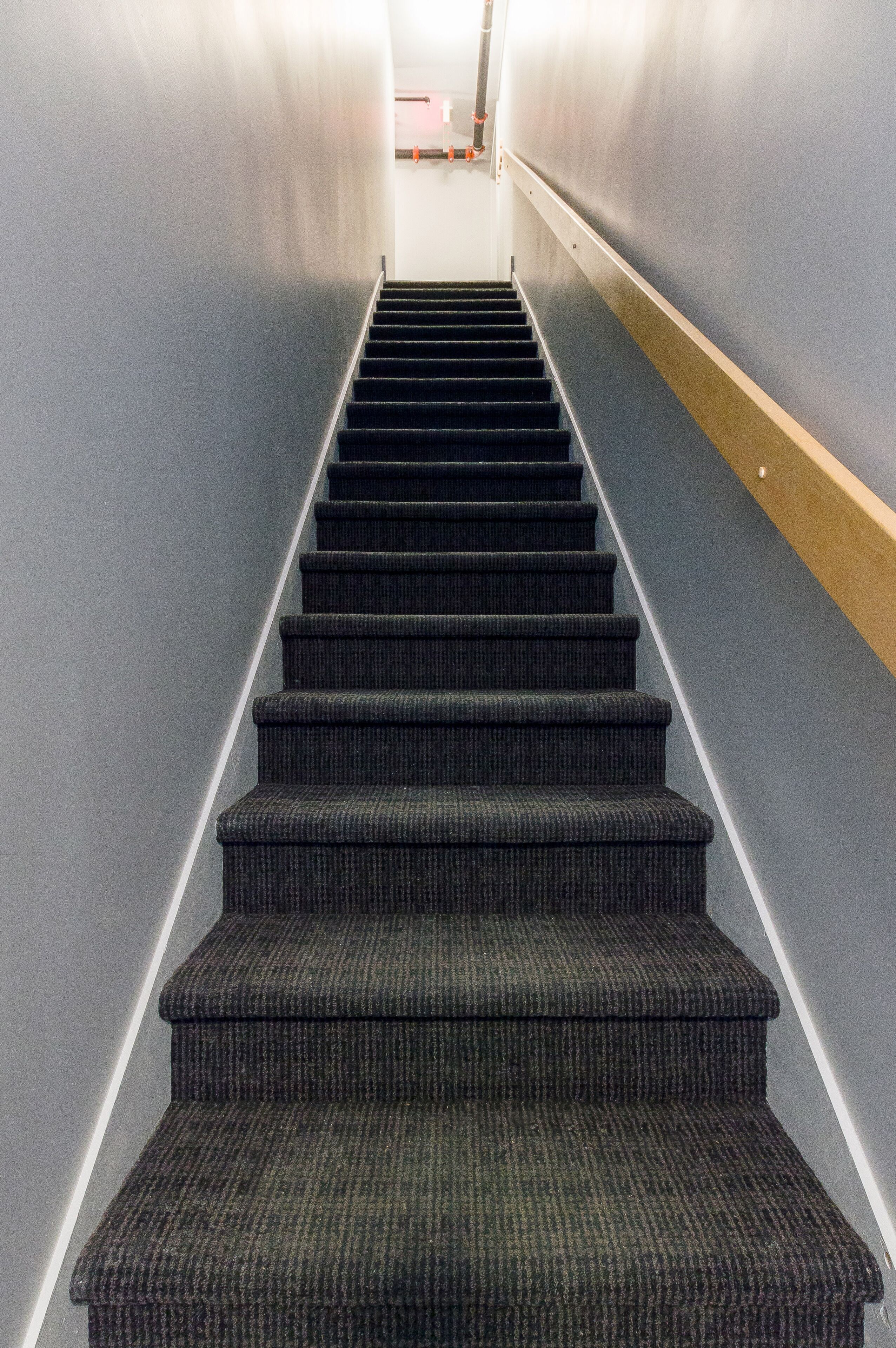 A staircase with carpeted steps and a wooden handrail, leading to a room with a light-colored wall and a visible door at the top.