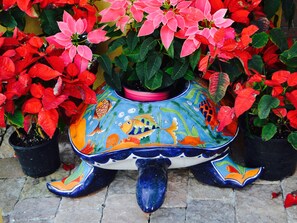 A colorful ceramic planter with fish and seaweed designs, surrounded by red and pink poinsettia plants.