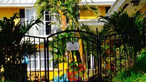Un chemin menant à un bâtiment à la façade jaune, entouré d’une végétation luxuriante et d’un portail en métal.