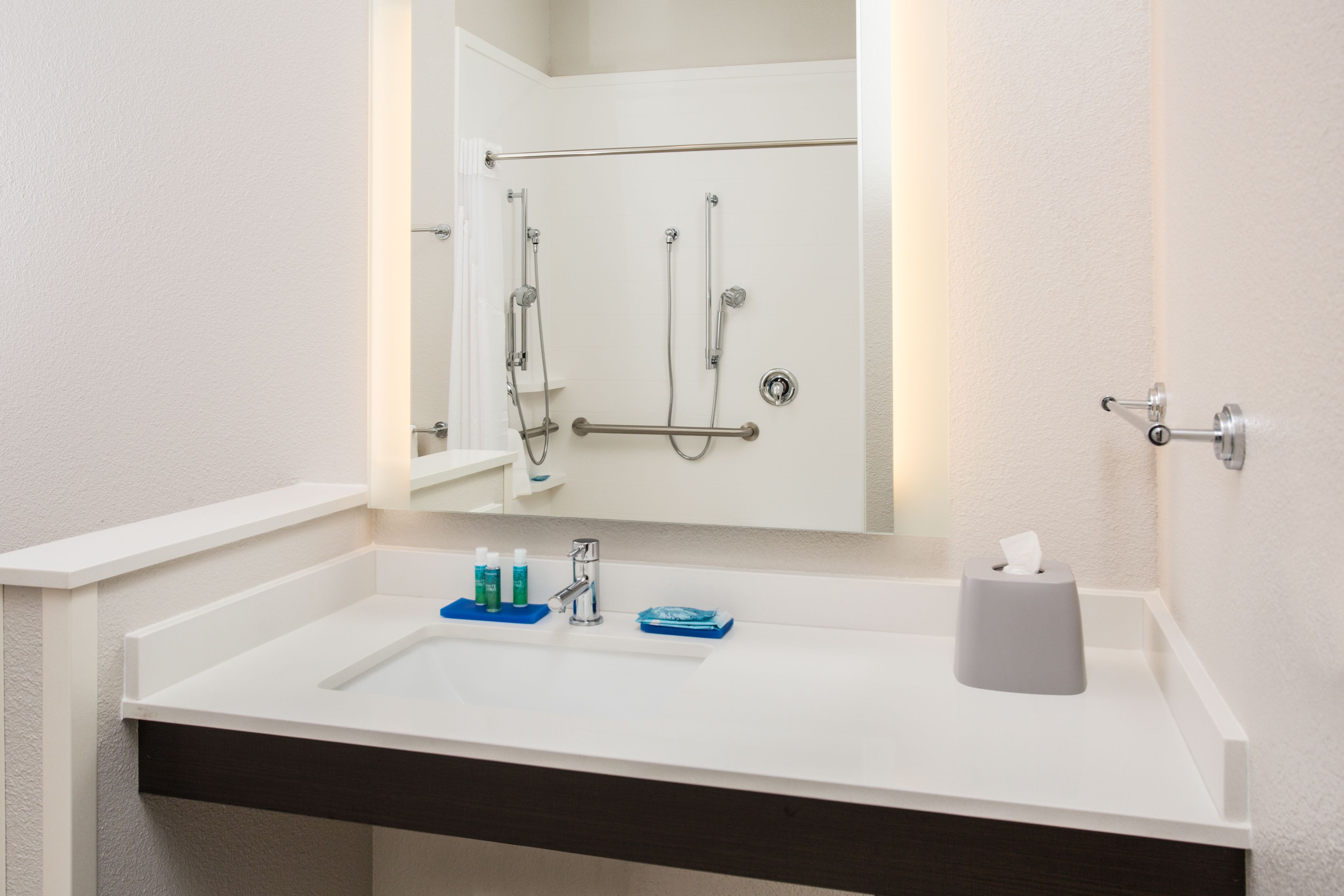 combined shower/bathtub, free toiletries, hair dryer, towels