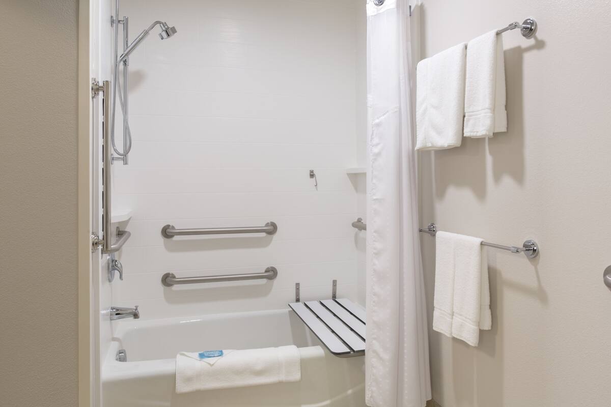 combined shower/bathtub, free toiletries, hair dryer, towels