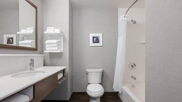 Room, 2 Queen Beds, Non Smoking, Refrigerator & Microwave | Bathroom | Combined shower/tub, free toiletries, hair dryer, towels