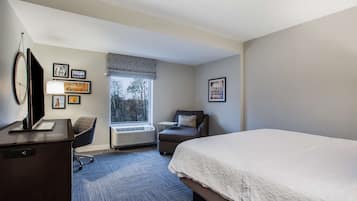 Habitación de hotel con cama, escritorio, silla y ventana con vistas.