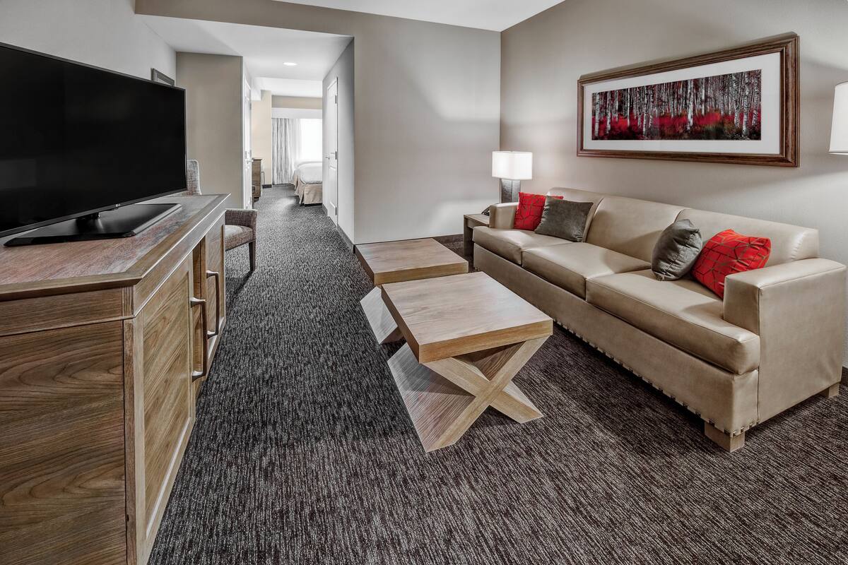 Una habitación de hotel con una televisión de pantalla plana, un sofá color beige con almohadas rojas y grises, una mesa de centro de madera y un cuadro en la pared.