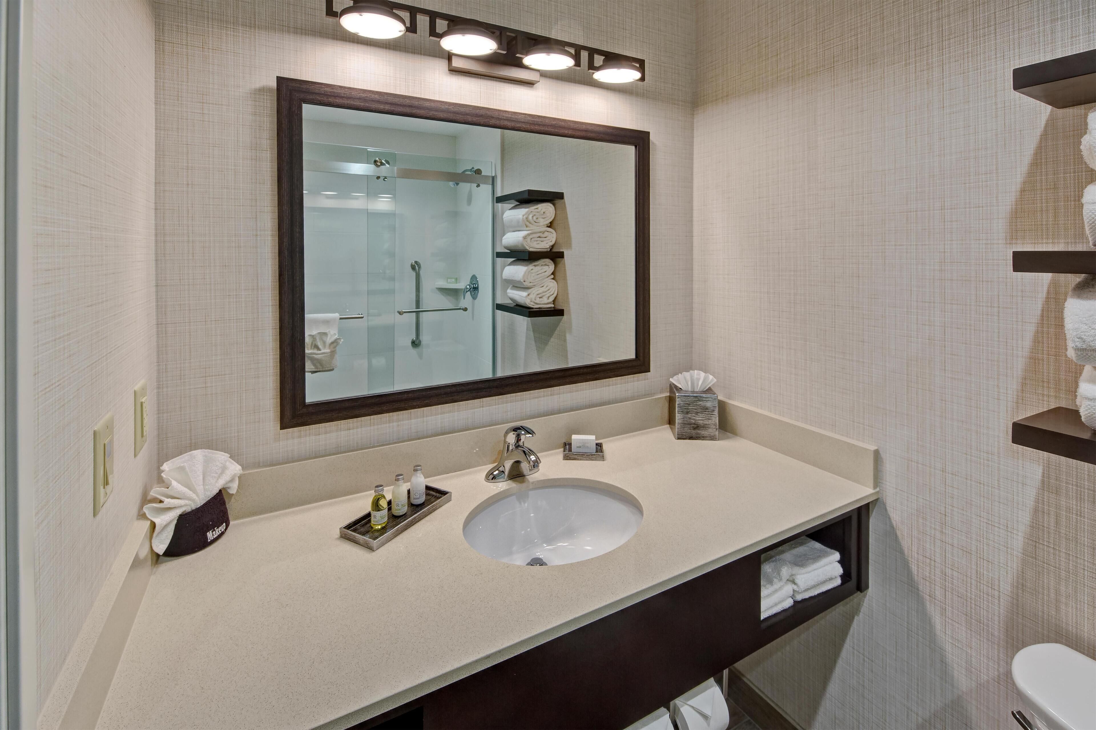Une salle de bain moderne avec un grand miroir, un lavabo et une douche à l’italienne.