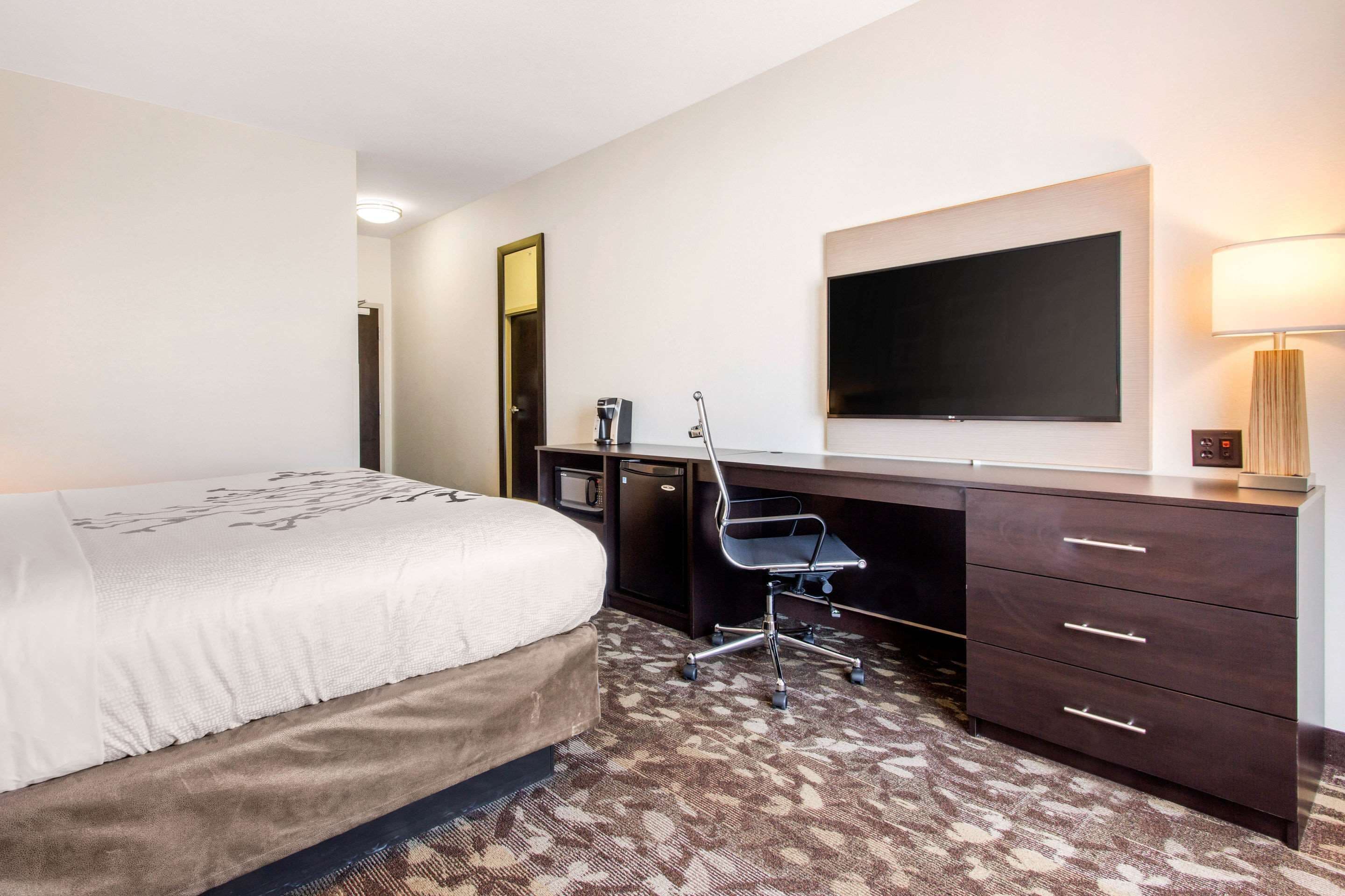 Une chambre d’hôtel comprenant un lit, un bureau avec une chaise, un téléviseur à écran plat, une lampe et une commode.