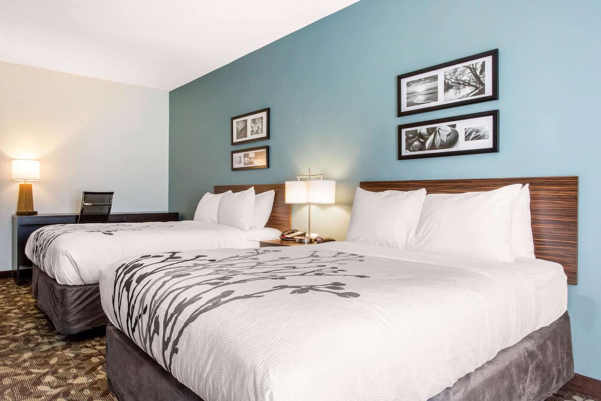Habitación de hotel con dos camas, una mesita de noche con lámpara y cuadros enmarcados en la pared.