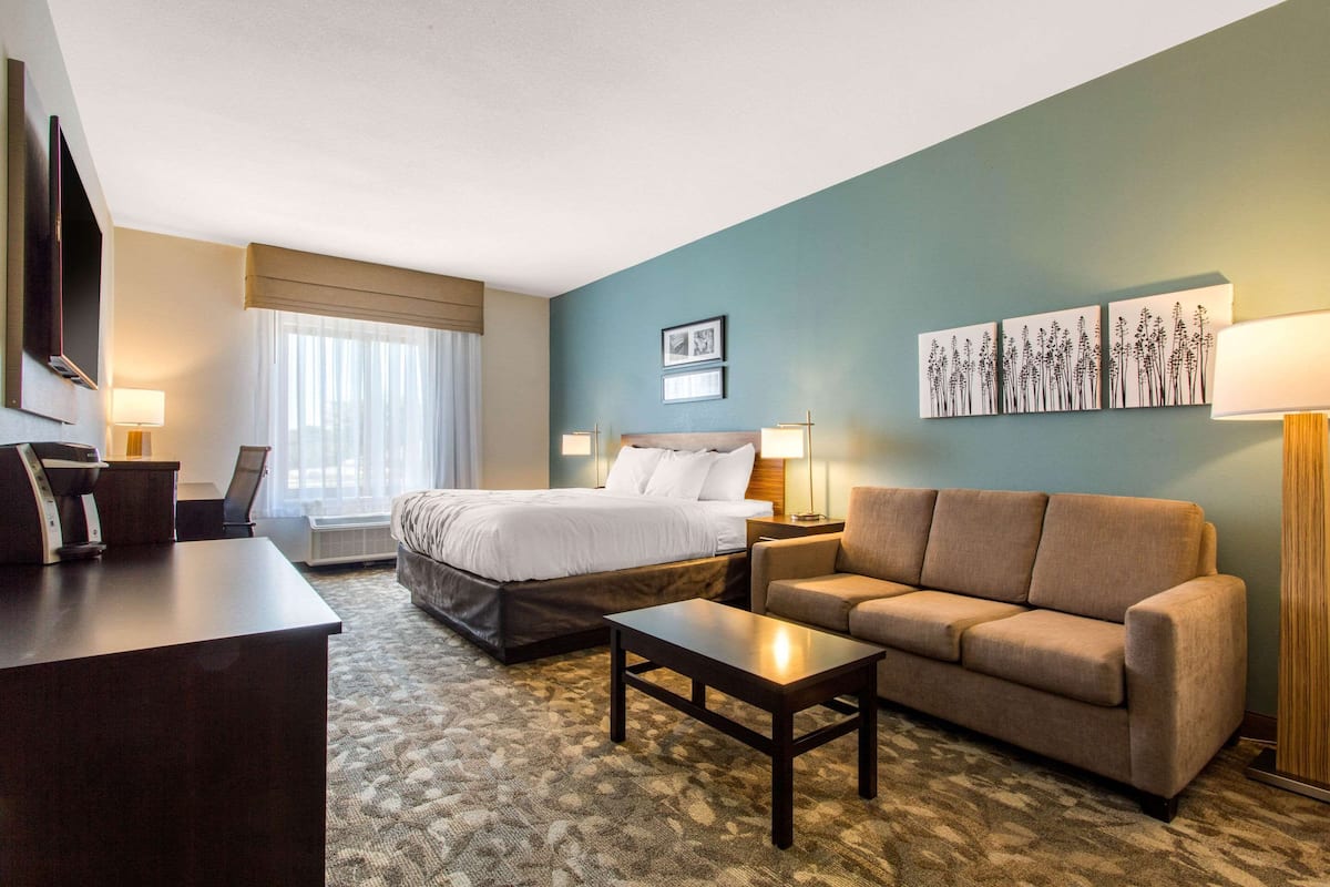 Una habitación de hotel con cama, sofá, escritorio y lámpara.