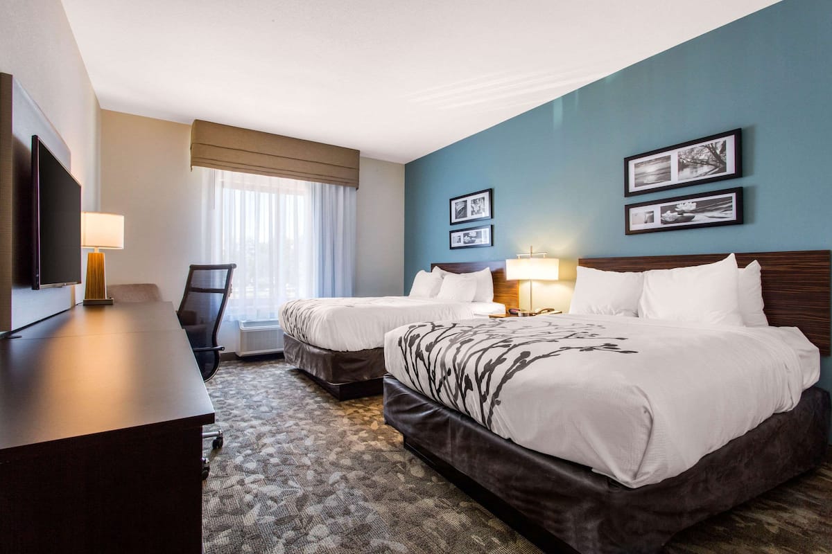 Habitación de hotel con dos camas, un escritorio, una silla y un televisor.