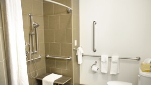 Een badkamer met een douche, handgrepen, een zitje, een toilet en leuningen.