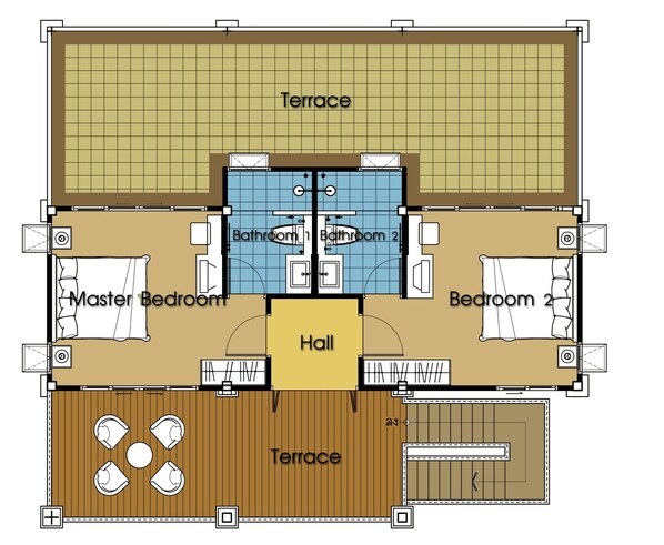 Plano de un hotel con terraza, dos suites principales, dos baños, un vestíbulo y una terraza con mobiliario.