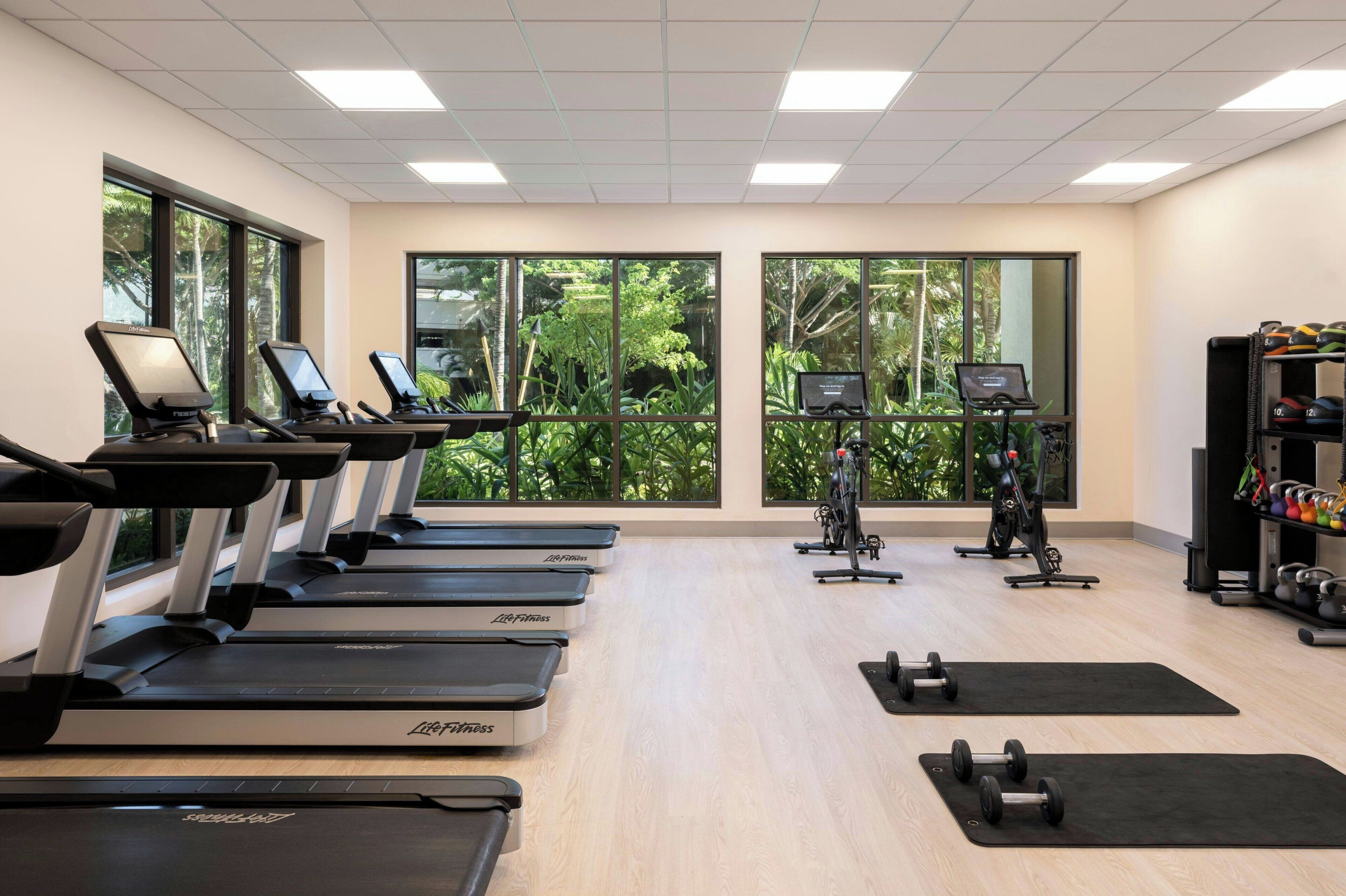 A gym with treadmills, exercise bikes, and dumbbells.