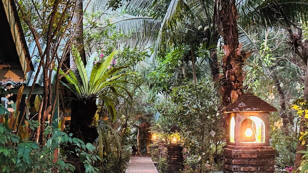 Un camí a través d'un jardí exuberant amb un fanal de maó.