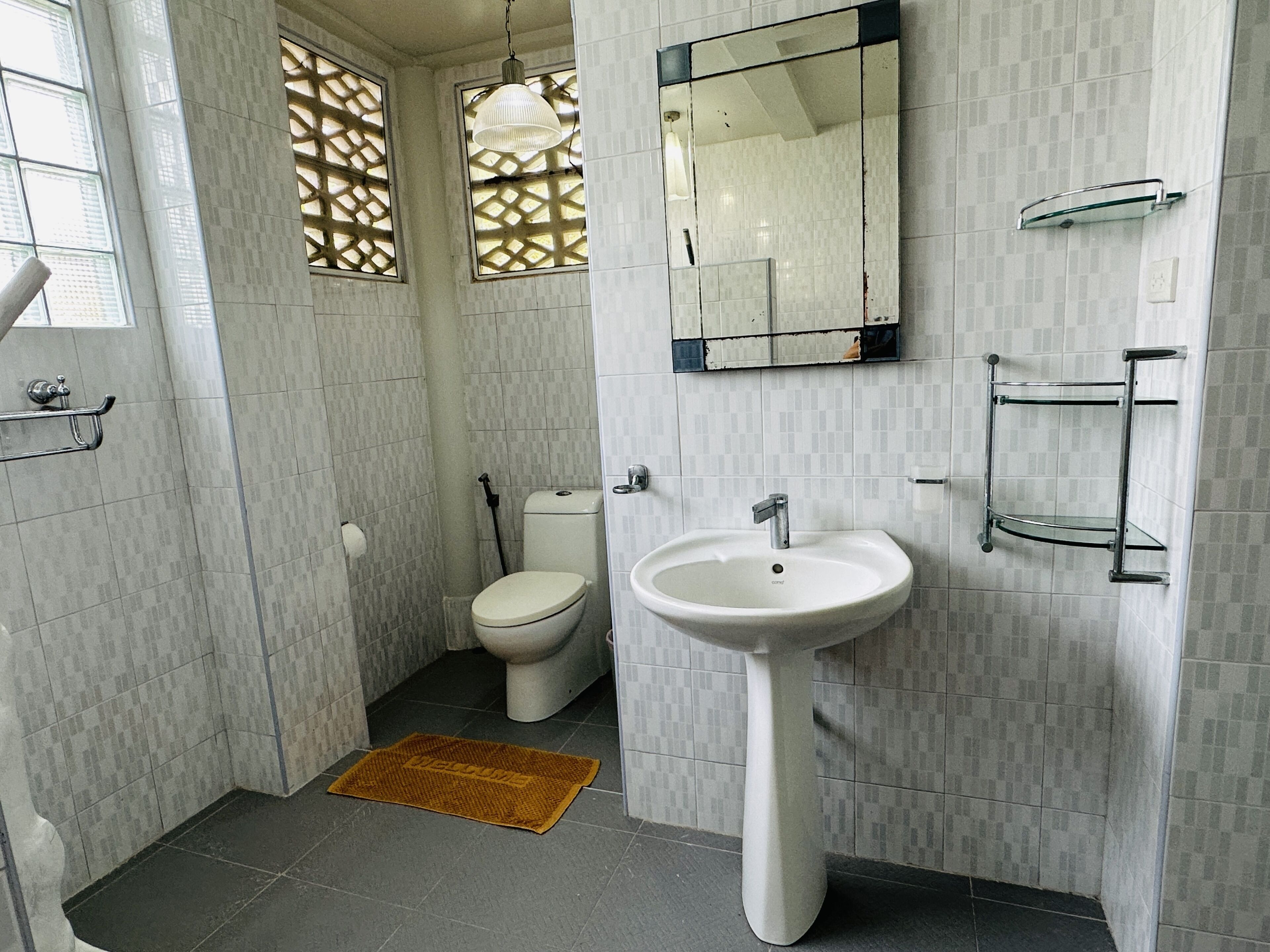 A bathroom with a toilet, sink, and mirror.