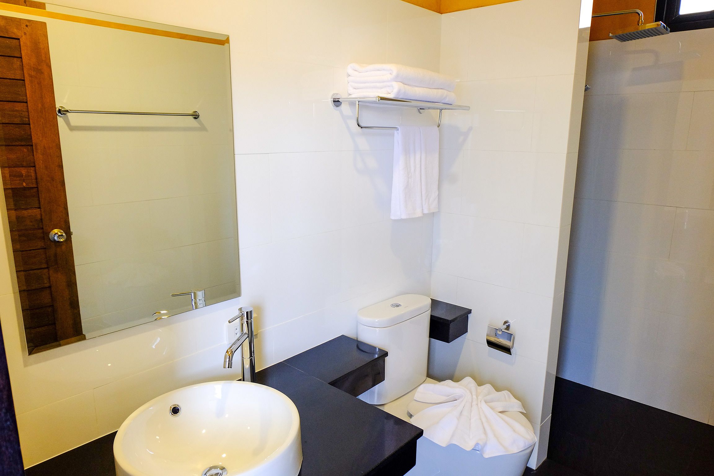 A modern bathroom with a white sink, black countertop, and a glass-enclosed shower.
