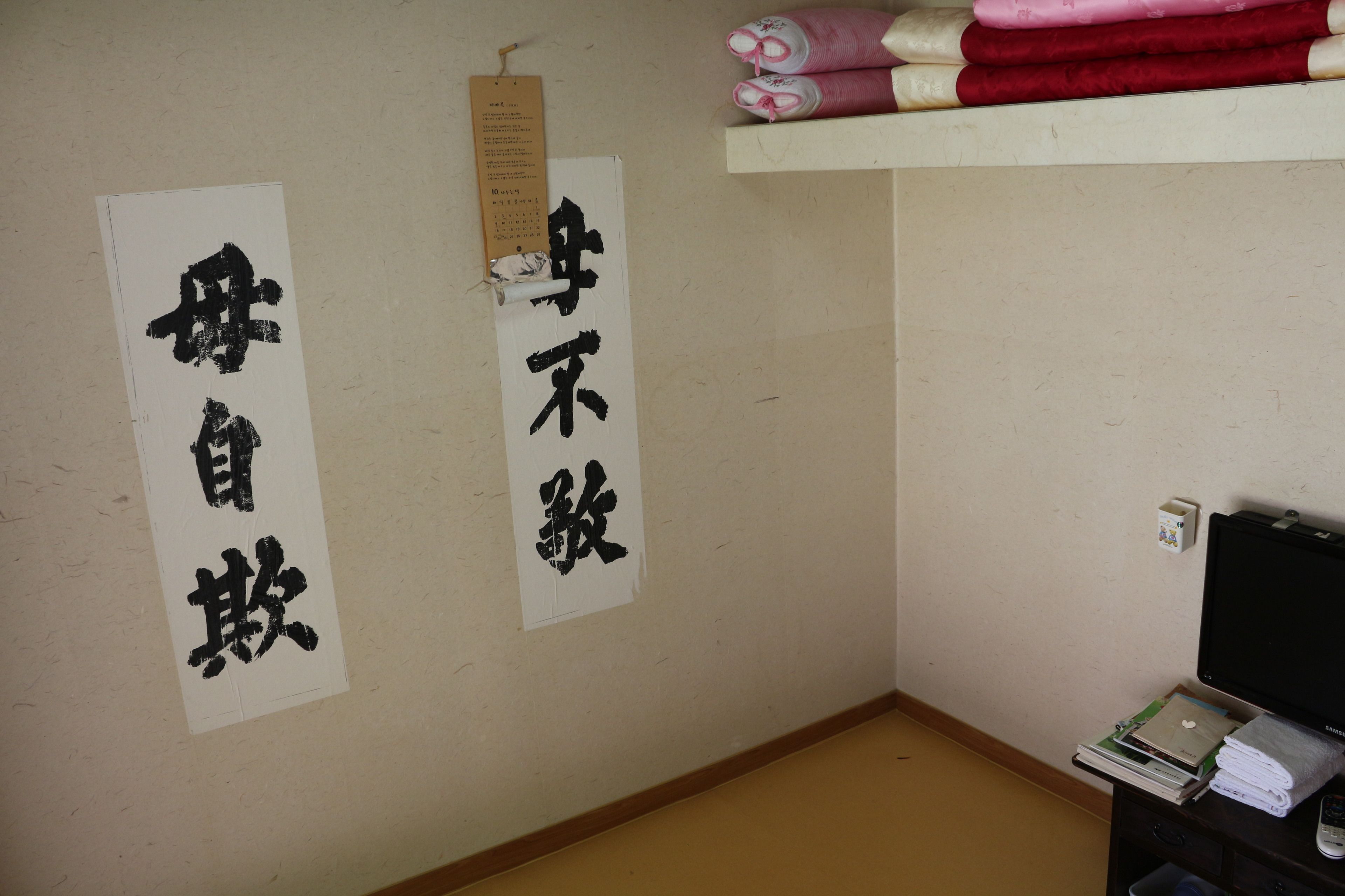 A room with a bulletin board displaying two pieces of paper with Japanese characters, a television on a stand, and a shelf with folded towels.