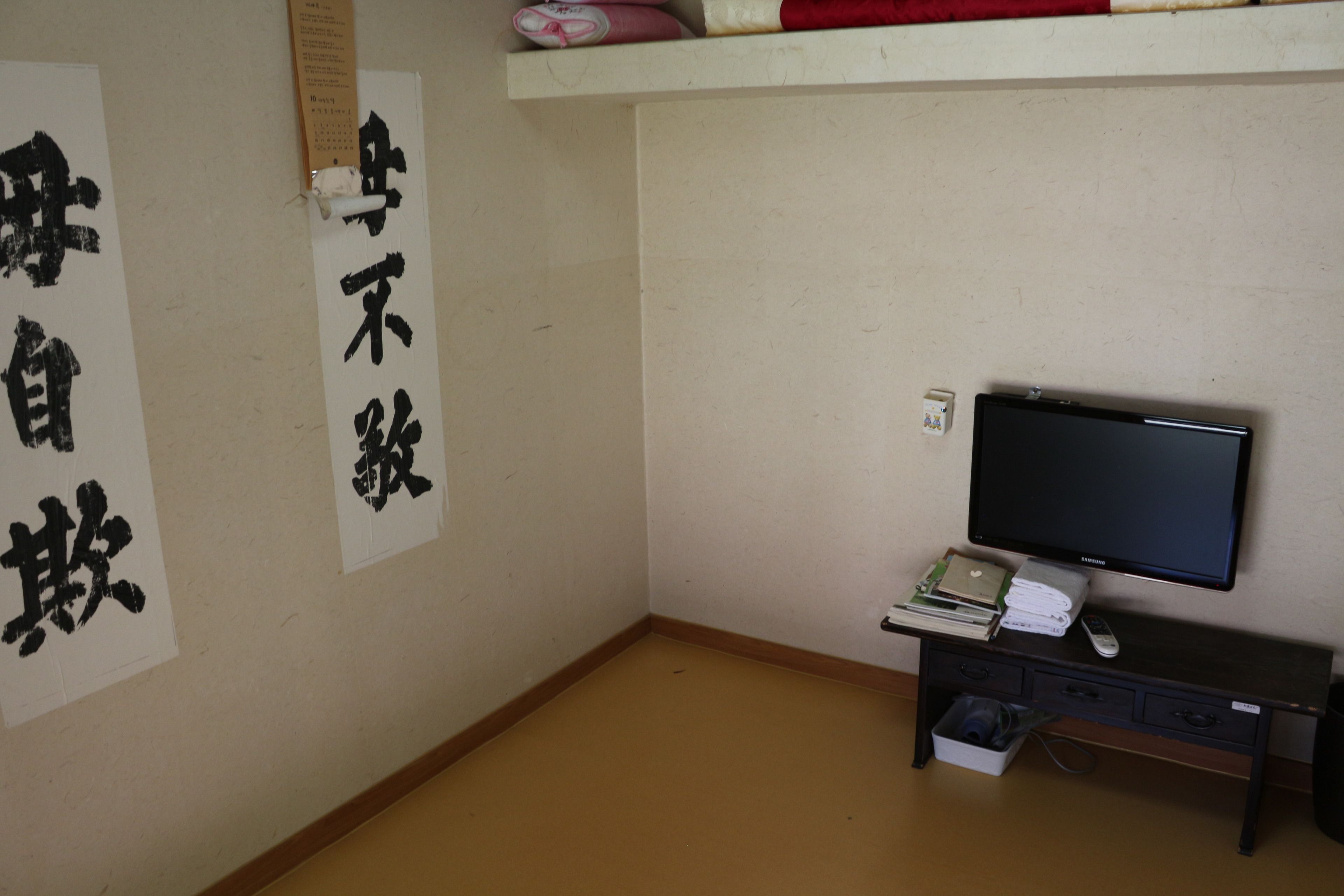 Una stanza con televisore su un mobile, una scrivania con un computer e uno scaffale con libri e un telecomando.
