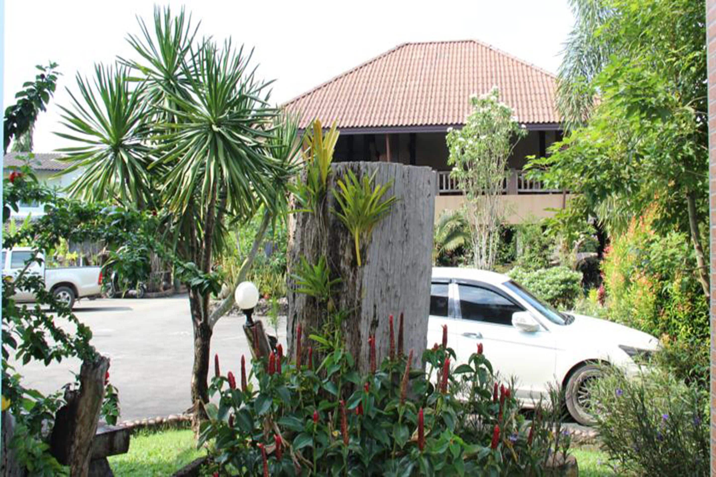 A white car parked in front of a building with a red roof, surrounded by lush greenery and a tree with red flowers.
