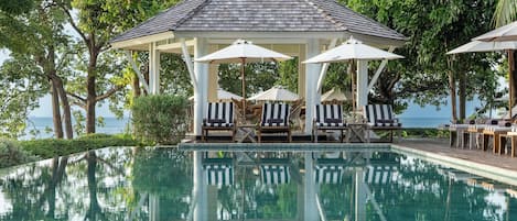 Outdoor pool, pool umbrellas, pool loungers