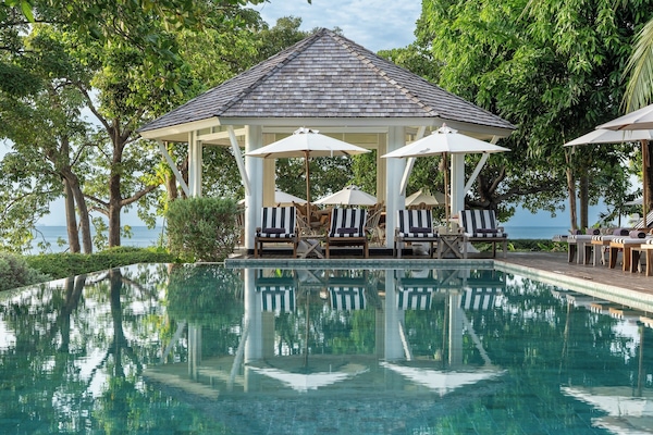 Outdoor pool, pool umbrellas, pool loungers