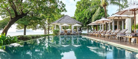 Outdoor pool, pool umbrellas, sun loungers