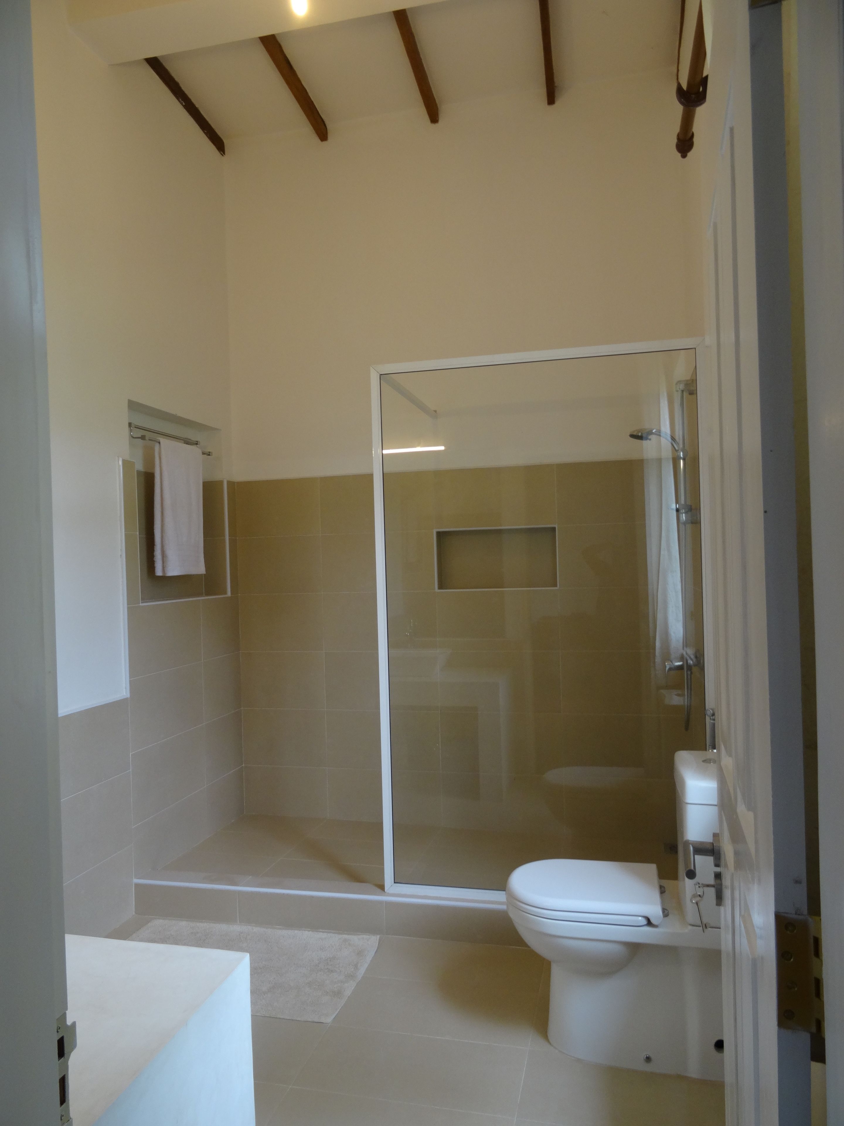 A bathroom with a shower enclosure, toilet, and a towel rack.