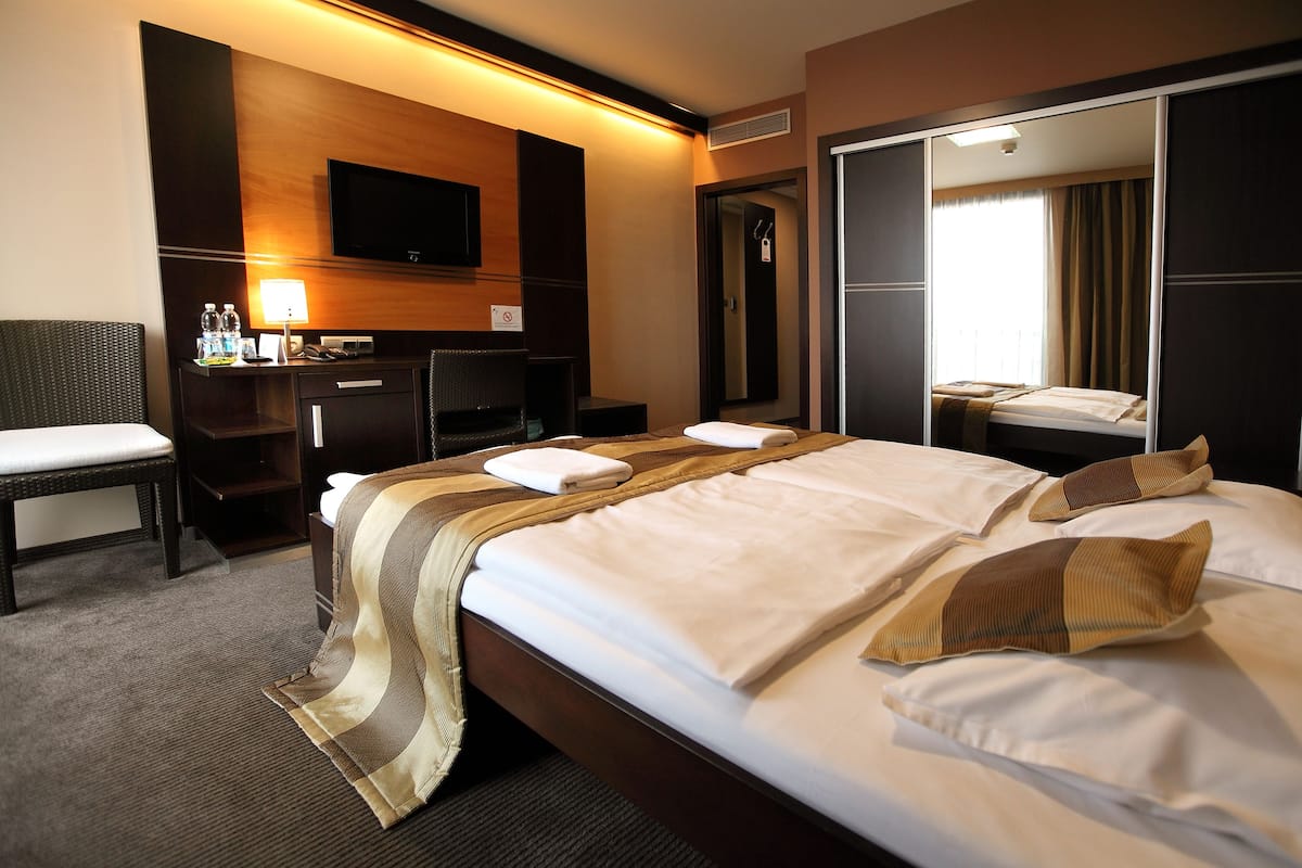 Habitación de hotel con una cama grande, un escritorio, una silla, un televisor y un espejo.