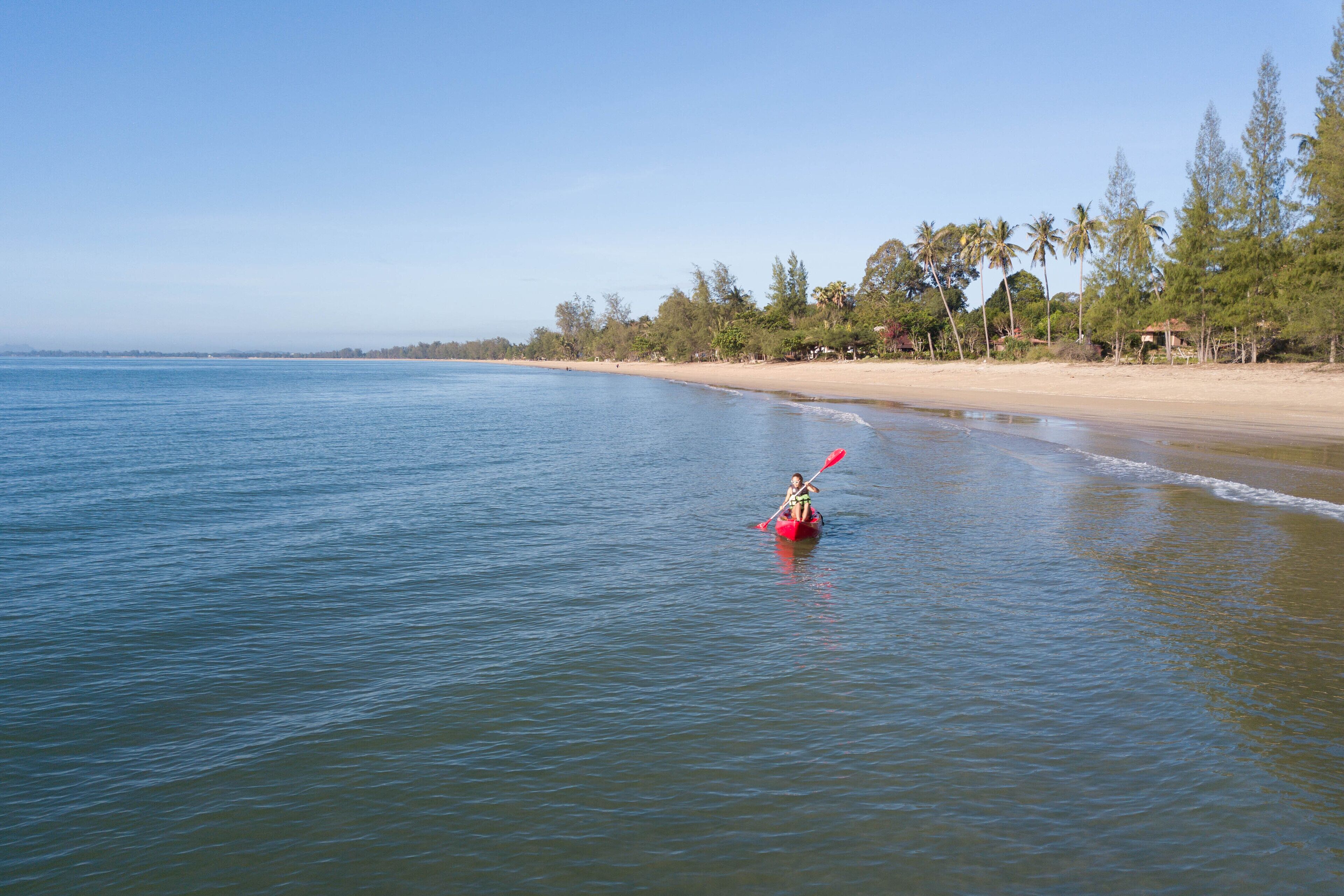 A beach with calm waters, a person kayaking, and a sandy shore with trees and a small structure.