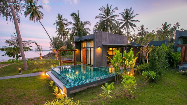 Una villa moderna con piscina infinita de cristal, rodeada de vegetación exuberante y palmeras, con vista a una masa de agua.