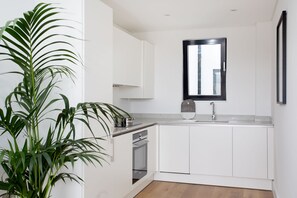 Departamento Deluxe, 1 habitación | Cocina privada | Refrigerador, microondas, horno y tetera eléctrica 