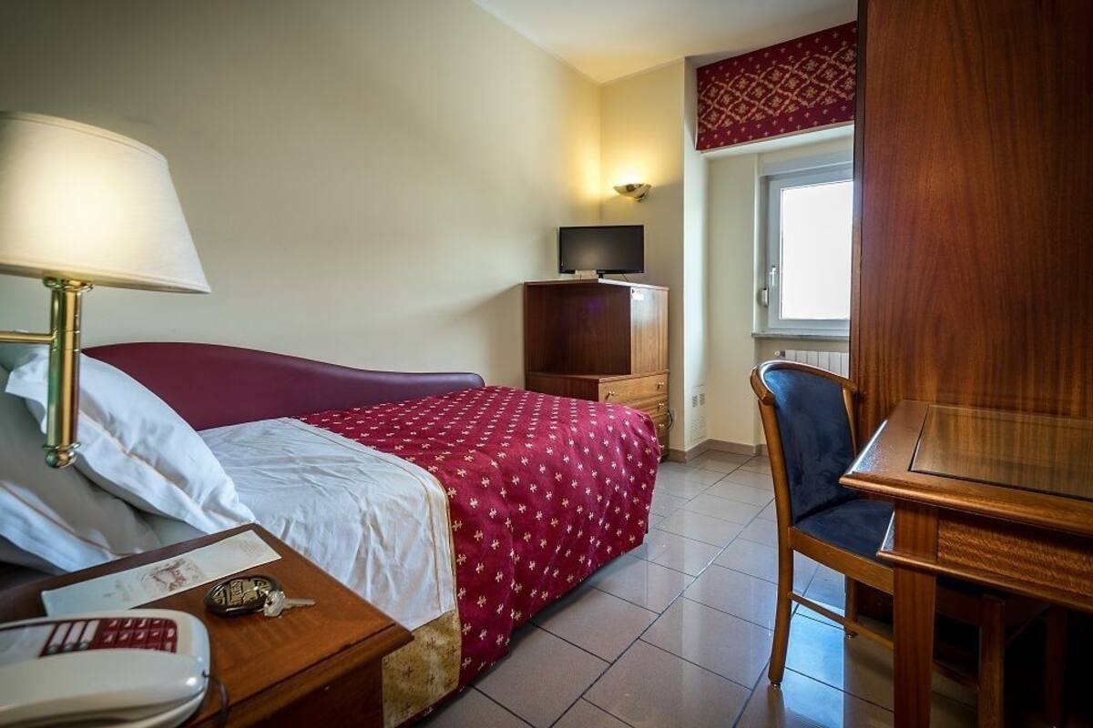 Une chambre d’hôtel avec un lit, un bureau doté d’une lampe, un téléviseur posé sur un meuble en bois et une fenêtre ornée de rideaux à motifs.