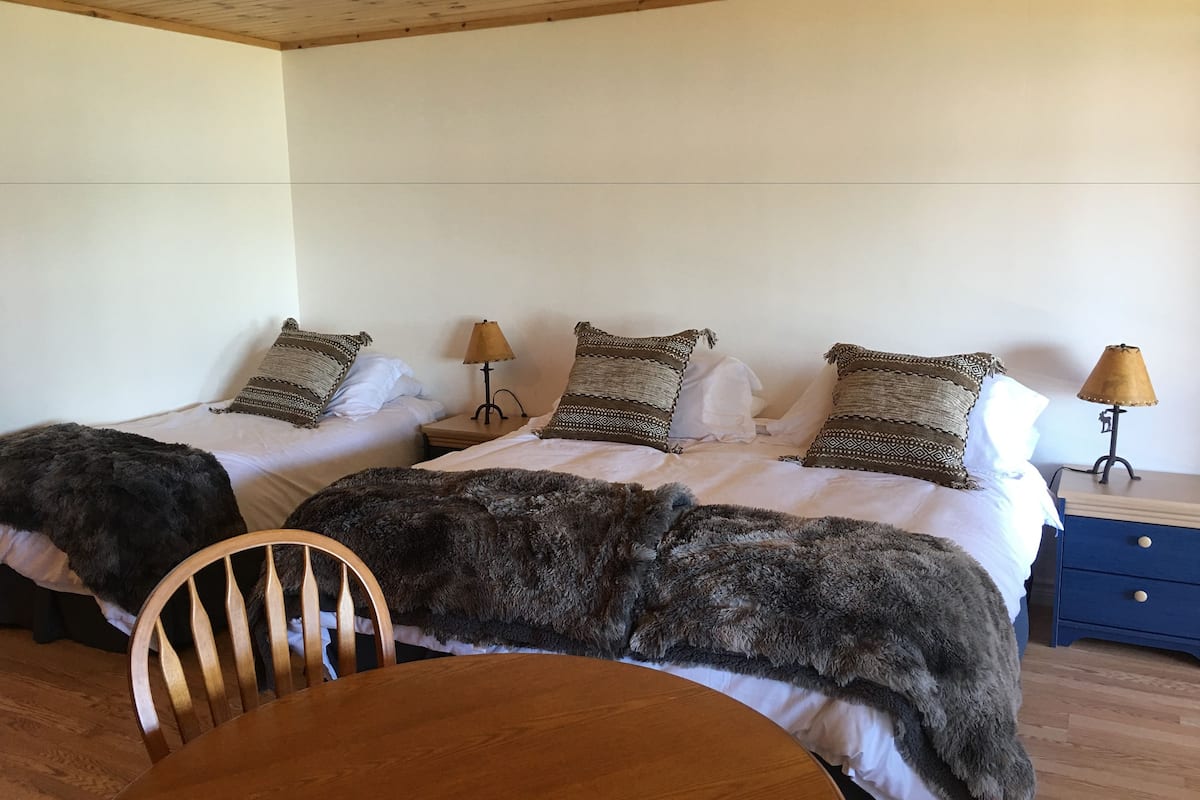 A bedroom with two beds, a wooden chair, a round table, and two bedside tables with lamps.