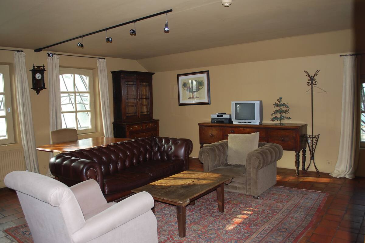 A living room with a brown leather sofa, a white armchair, a wooden coffee table, a television on a wooden stand, and a patterned rug.