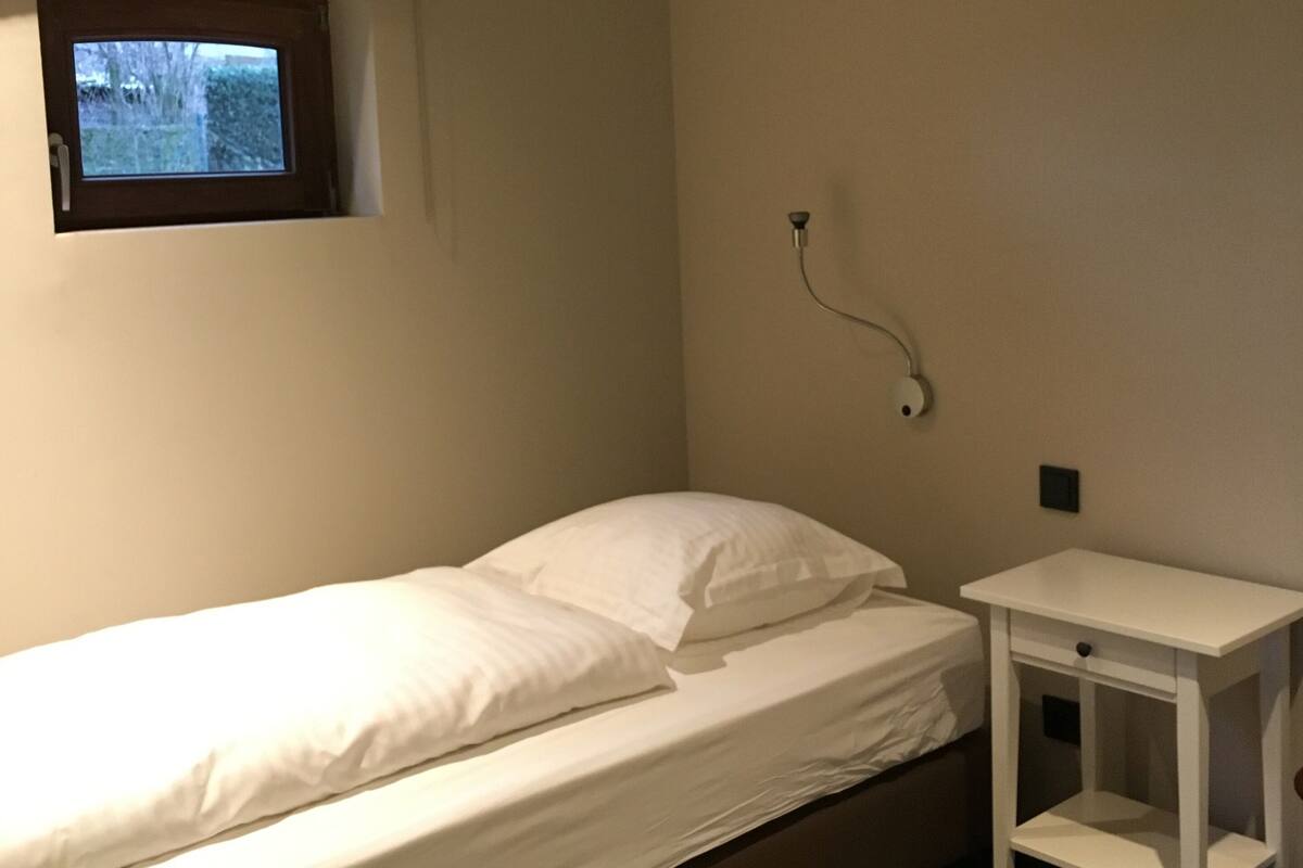 A single bed with white bedding, a small bedside table with a lamp, and a window with a view of trees.