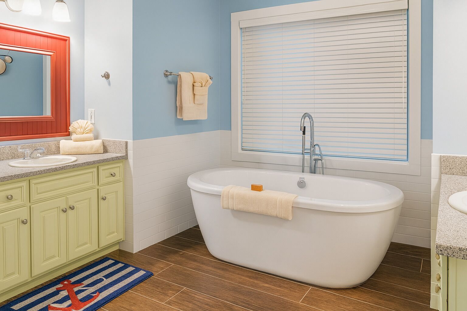 Une salle de bain avec une baignoire sur pieds, un lavabo avec un miroir et une fenêtre avec des stores.