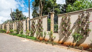 Een straat met een rij huizen, elk met een stenen muur en diverse bloemenplanters.