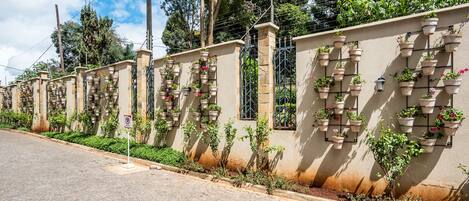 A street with a row of houses, each with a stone wall and a series of planters with flowers.