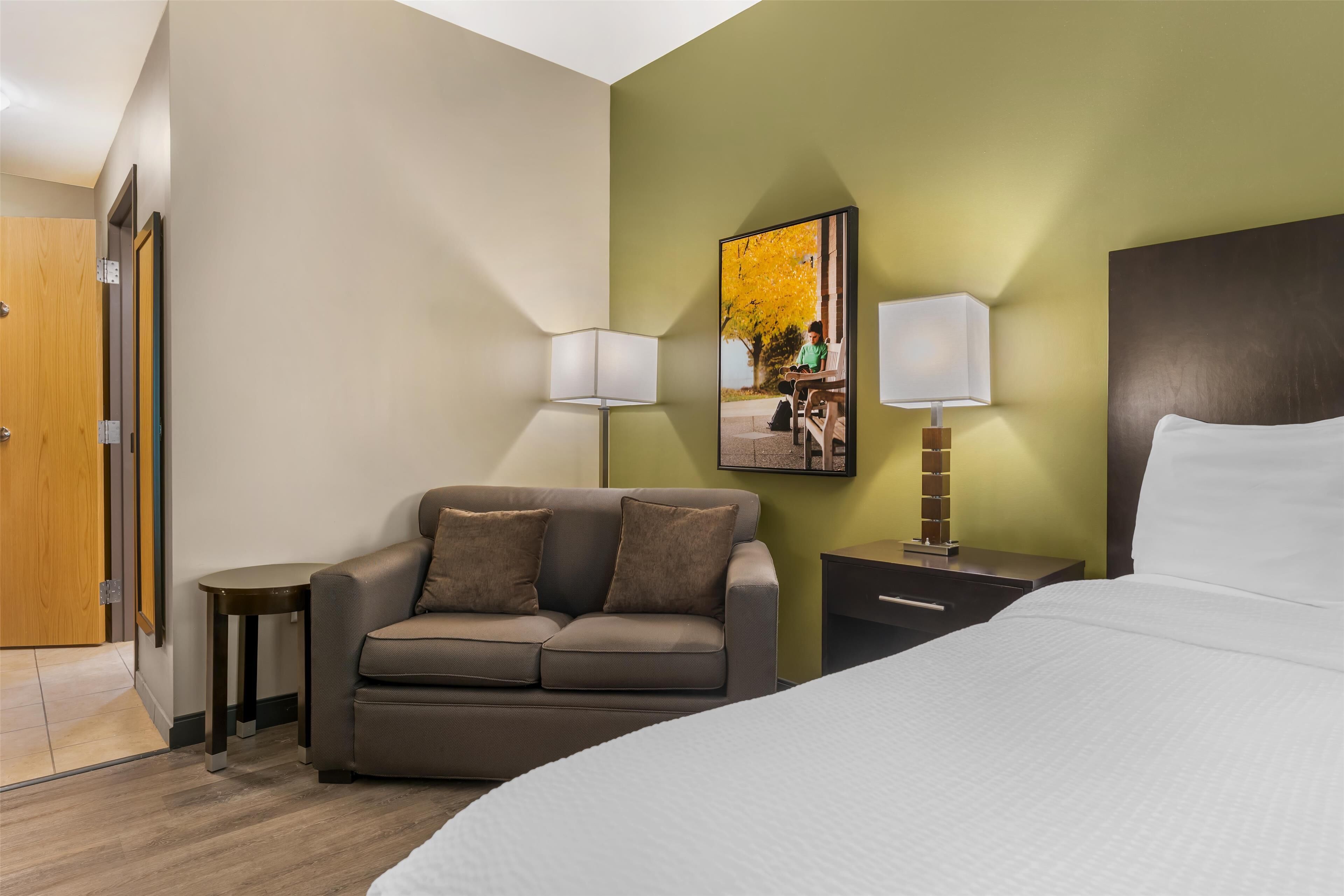 A hotel room with a bed, a sofa, two nightstands, a lamp, and a painting on the wall.