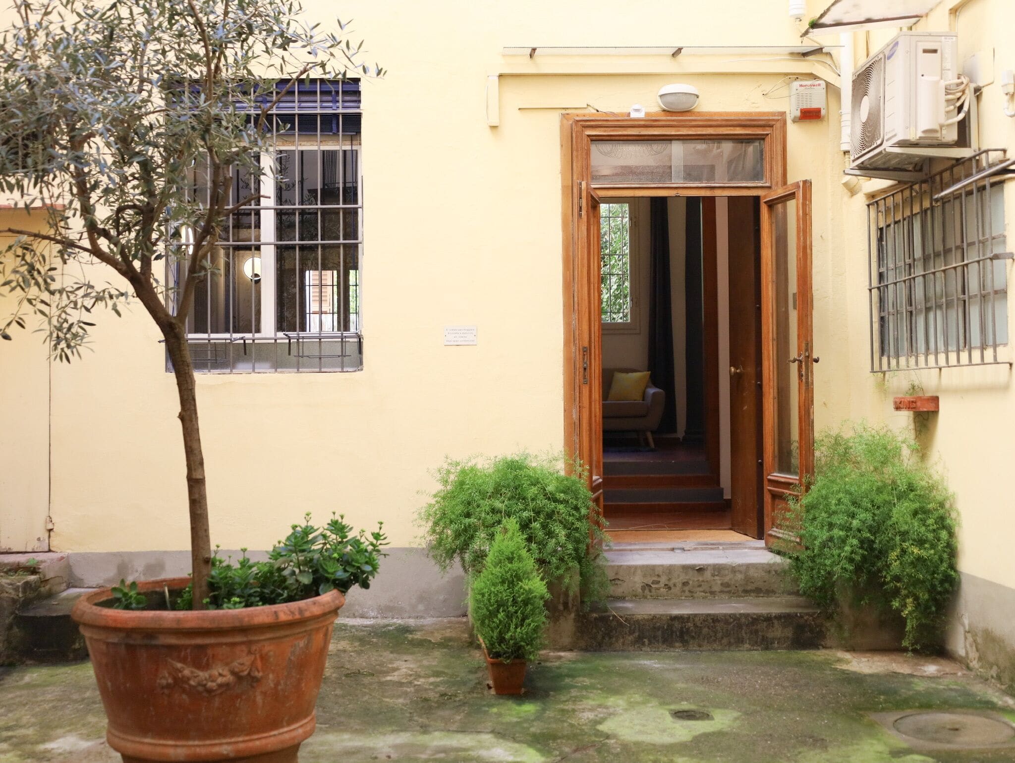 A courtyard with a wooden door, potted plants, and a small staircase leading to a room.