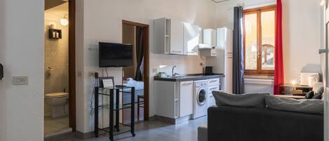 Un espace de vie compact comprenant un coin cuisine, un lave-linge, un téléviseur à écran plat et un canapé.