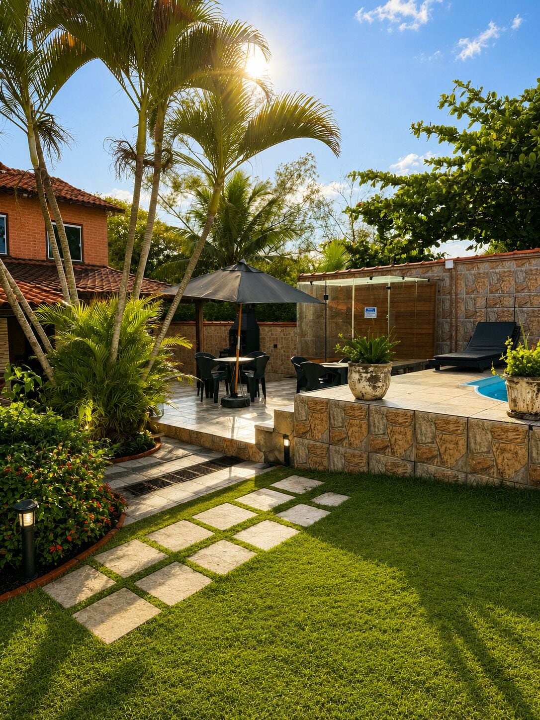 Una zona patio con tavolo e sedie, una piscina e un muro in pietra.