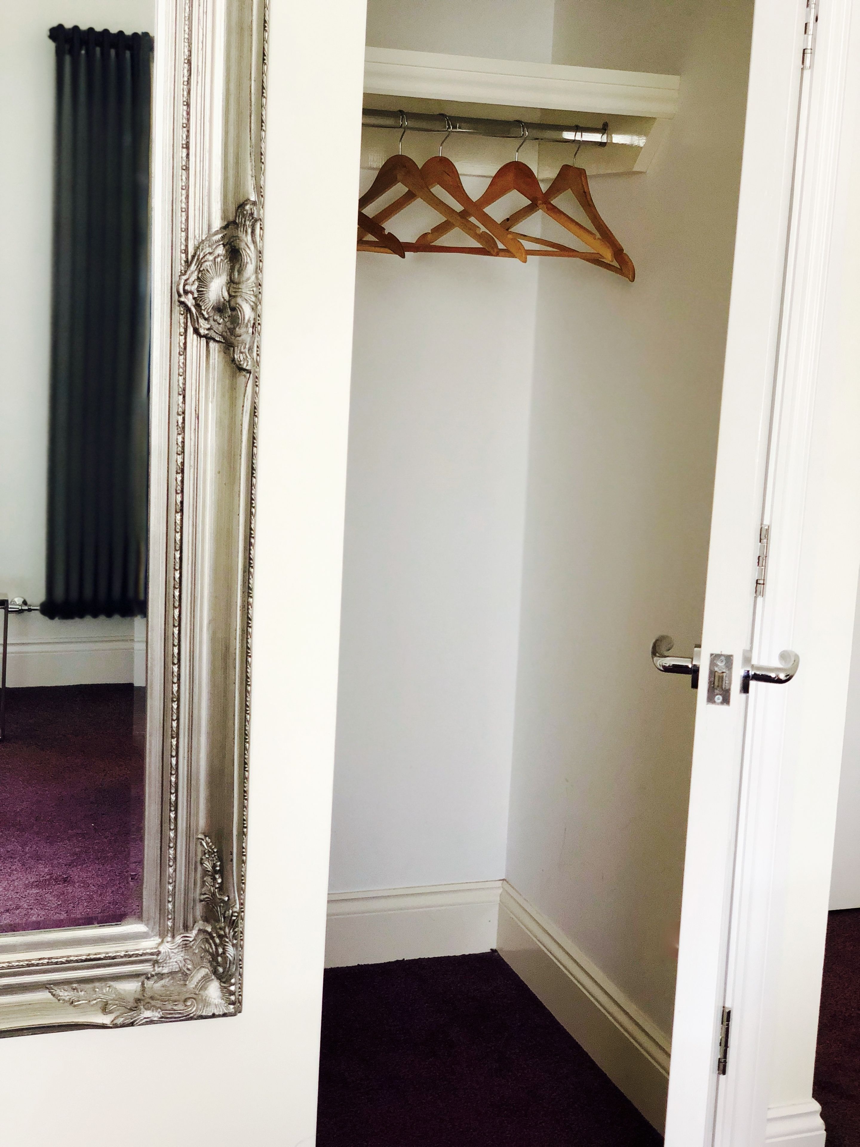A room with a white door, a mirror with an ornate frame, and a wooden coat rack.