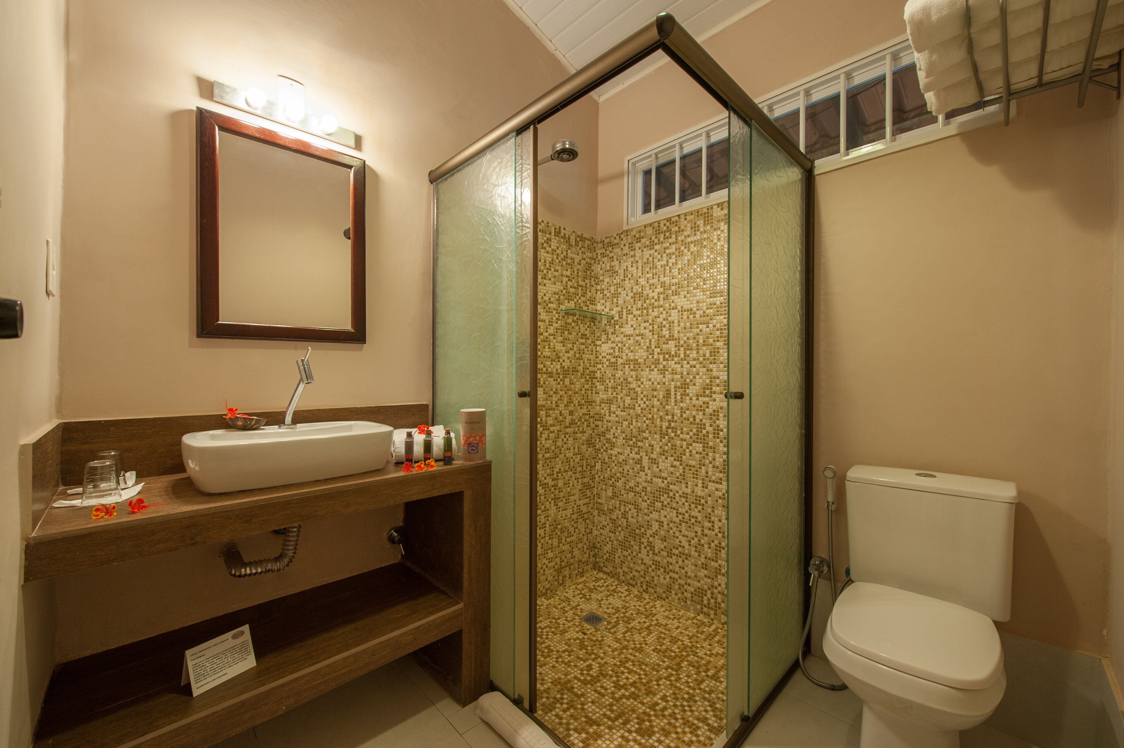 A bathroom with a glass-enclosed shower, a sink with toiletries, and a toilet.