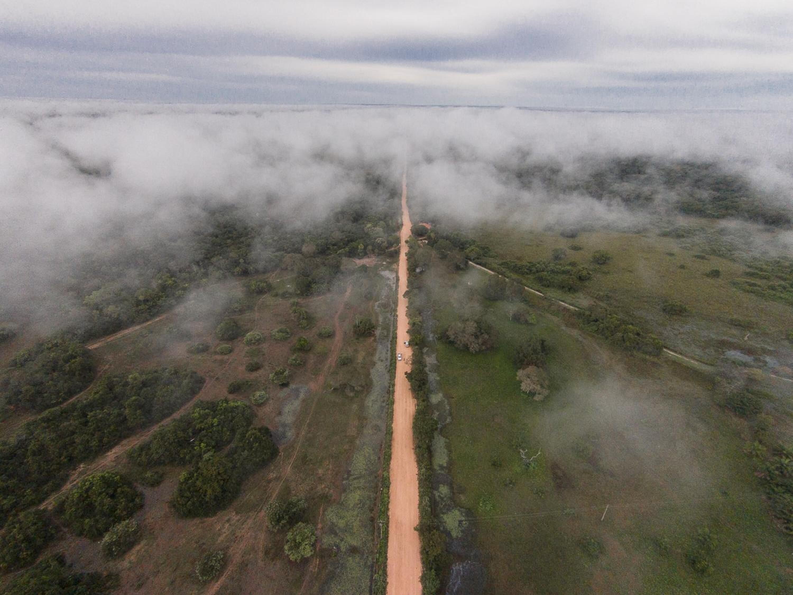 An aerial view of a rural landscape with a dirt road running through it, surrounded by greenery and fields.