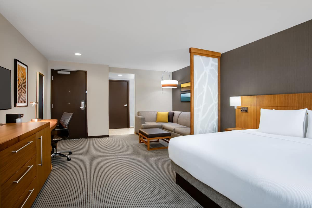 Habitación de hotel con una cama grande, un escritorio con cajones, un sofá con cojines, una mesita y un televisor instalado en la pared.