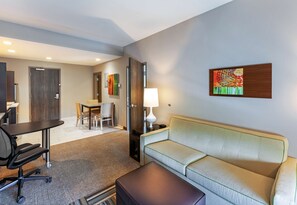 Hypo-allergenic bedding, desk, laptop workspace, blackout curtains