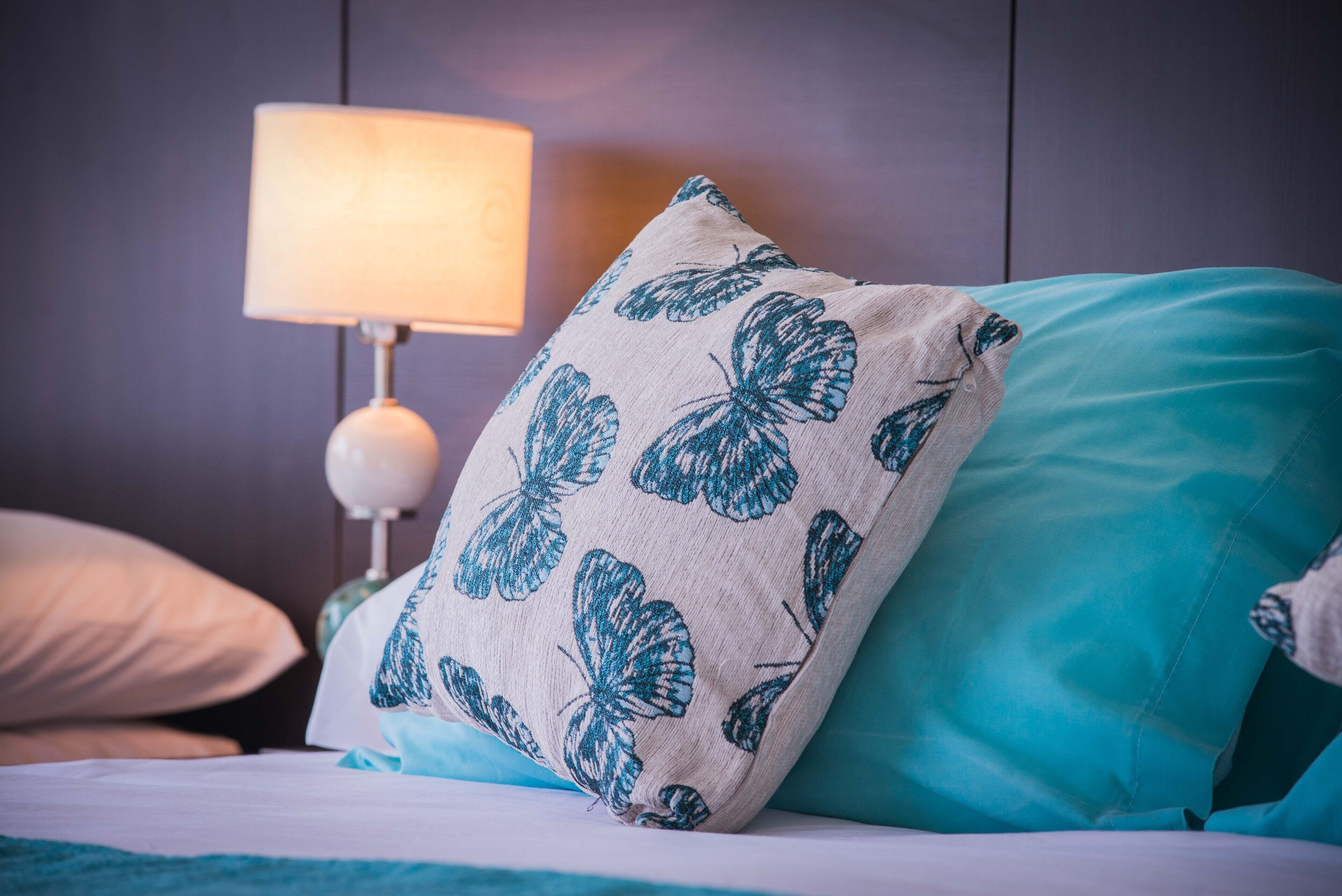 A bed with a teal pillow and a white pillow with a butterfly pattern.